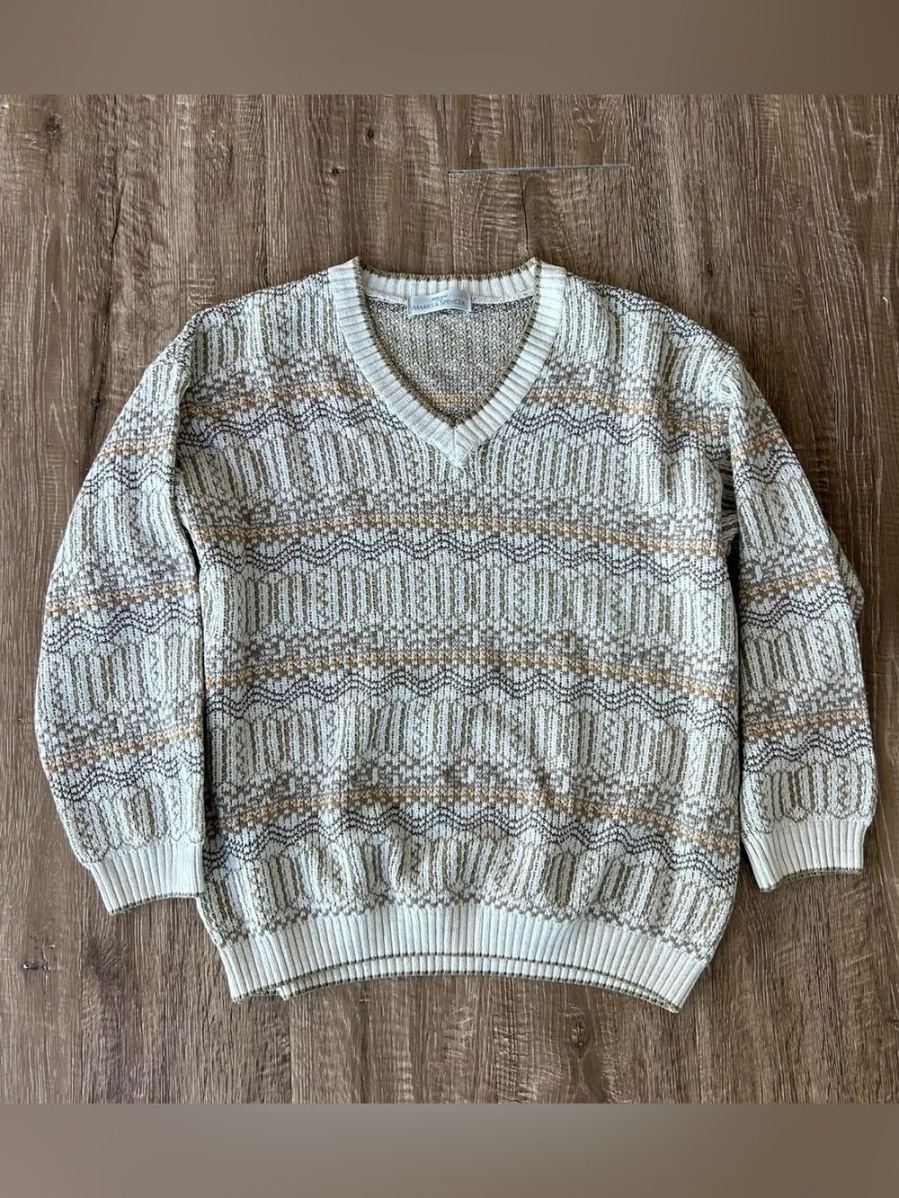 Men's V-Neck Patterned Sweater in Cream and Brown